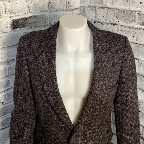 Vintage 90s Harris Tweed Blazer Brown Herringbone Wool Two Button Sport Coat - Picture 2 of 16
